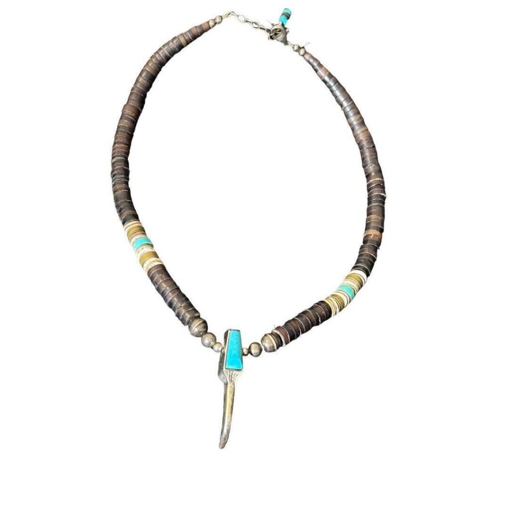 Vintage Navajo Handmade Silver Turquoise Pipestone Beaded Necklace Claw Pendant - Picture 2 of 13